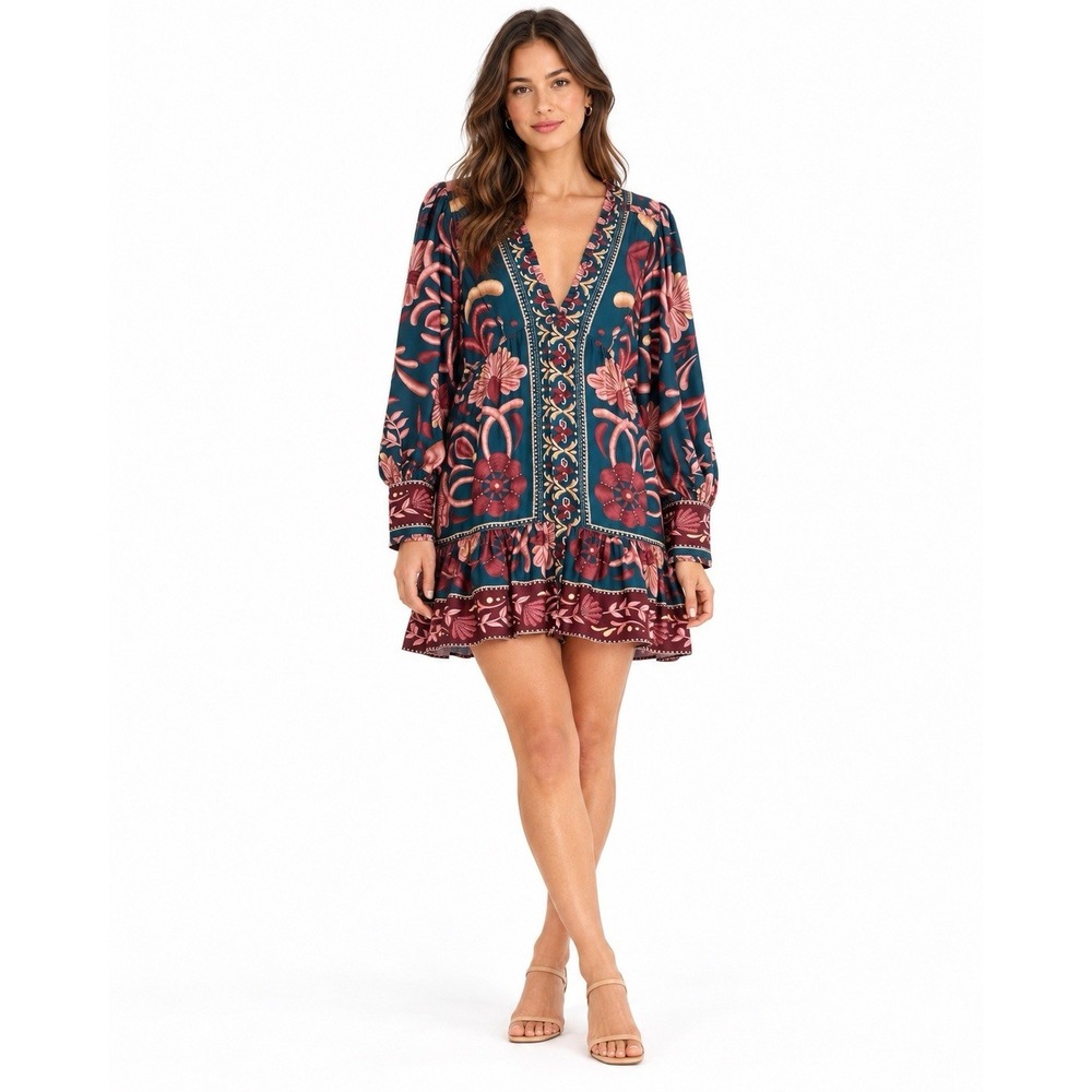 Farm Rio Seashell Tapestry Teal Mini Dress XL Floral Long Sleeve Boho Chic NWT